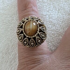 Vintage Gold Tone Statement‎ Ring with Cabochon Stone Made in USA
